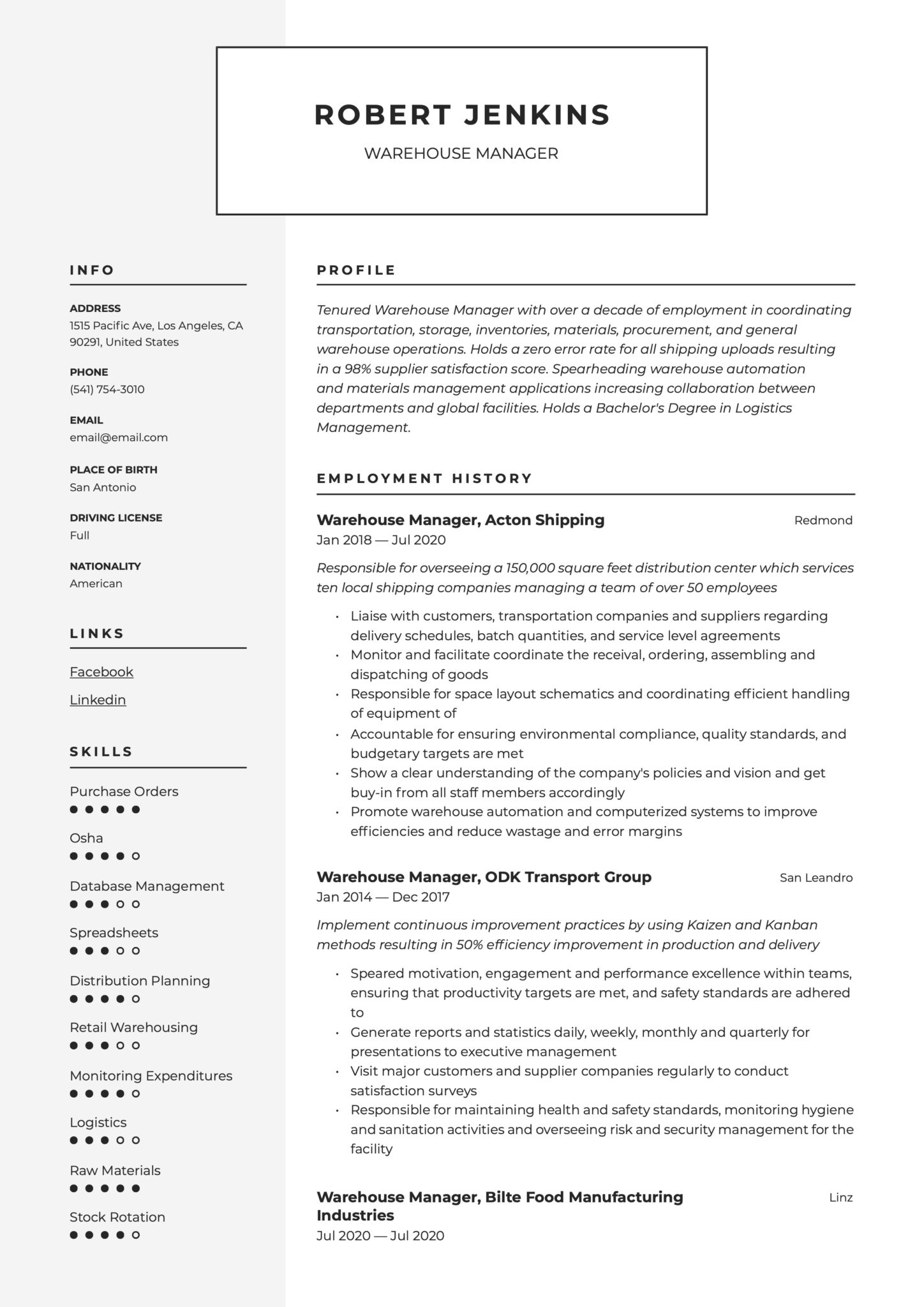 Modern Resume Example Warehouse Manager