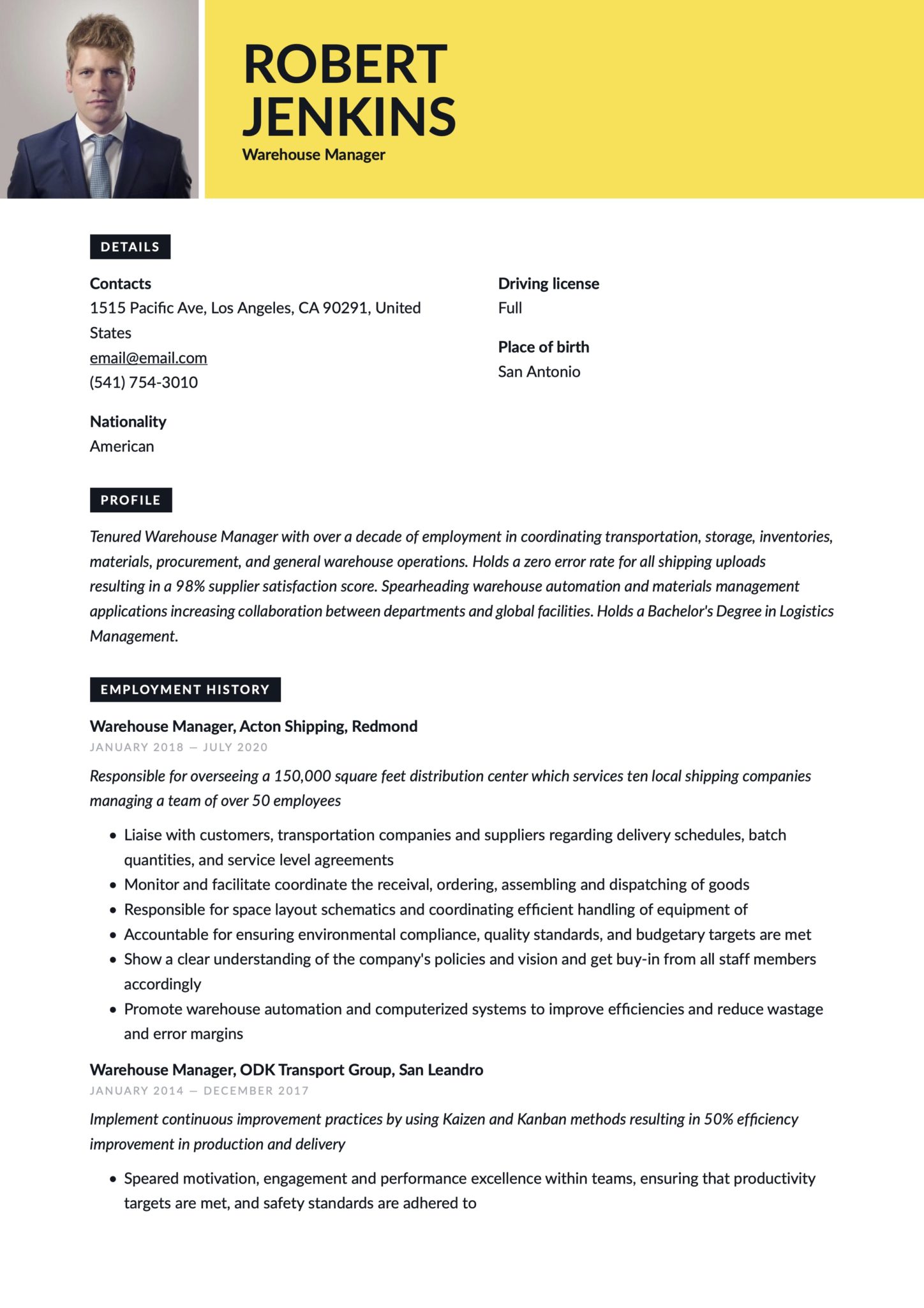 Creative Yellow Resume Template Warehouse Manager