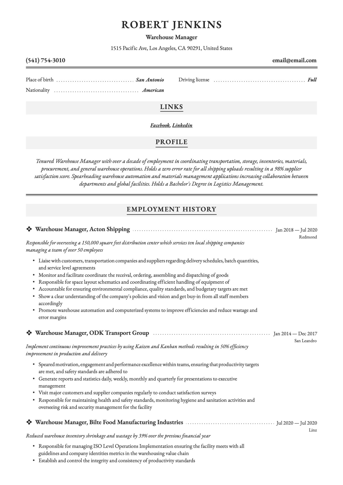Professional Resume Example Warehouse Manager
