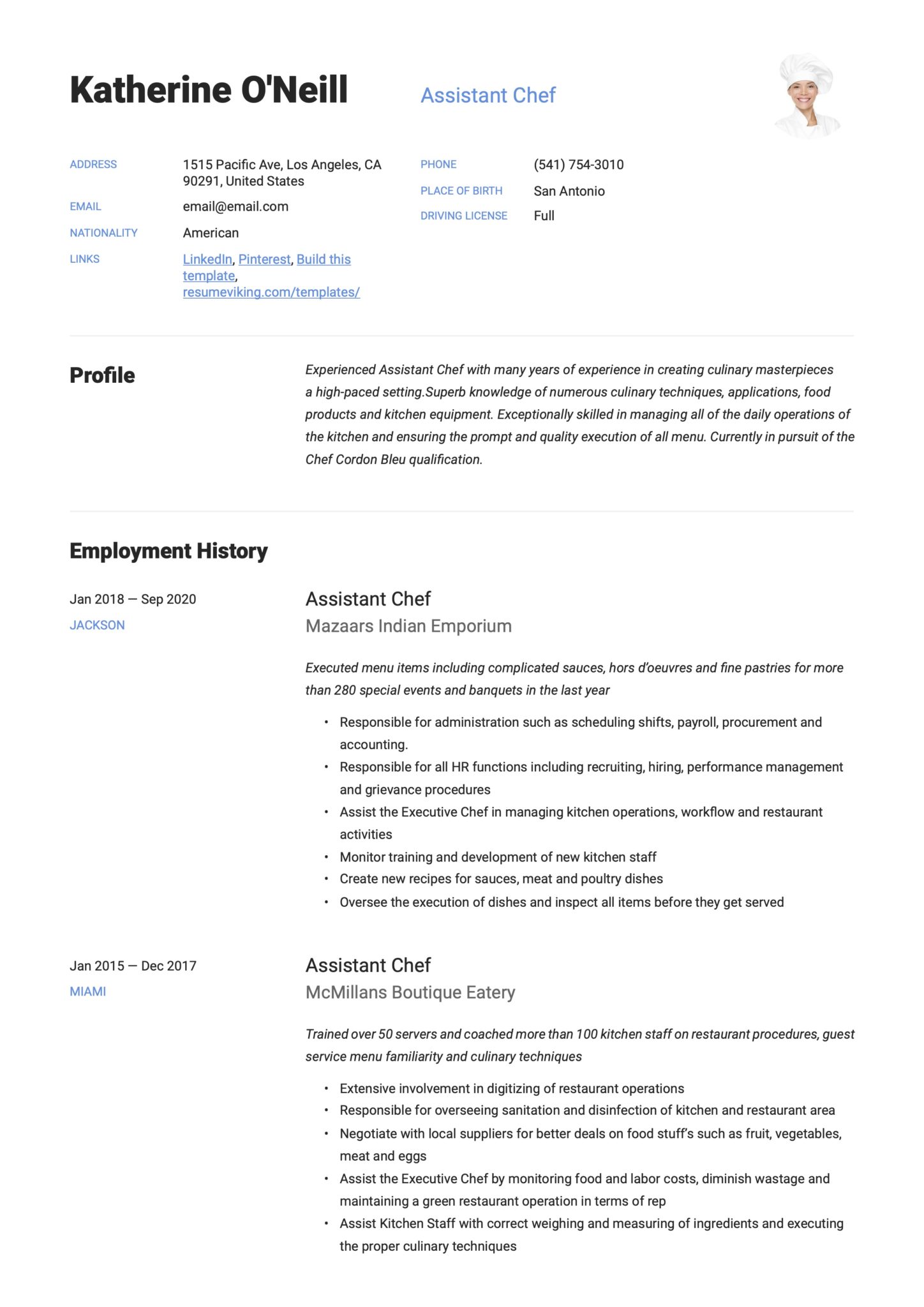 Assistant Chef Resume Example