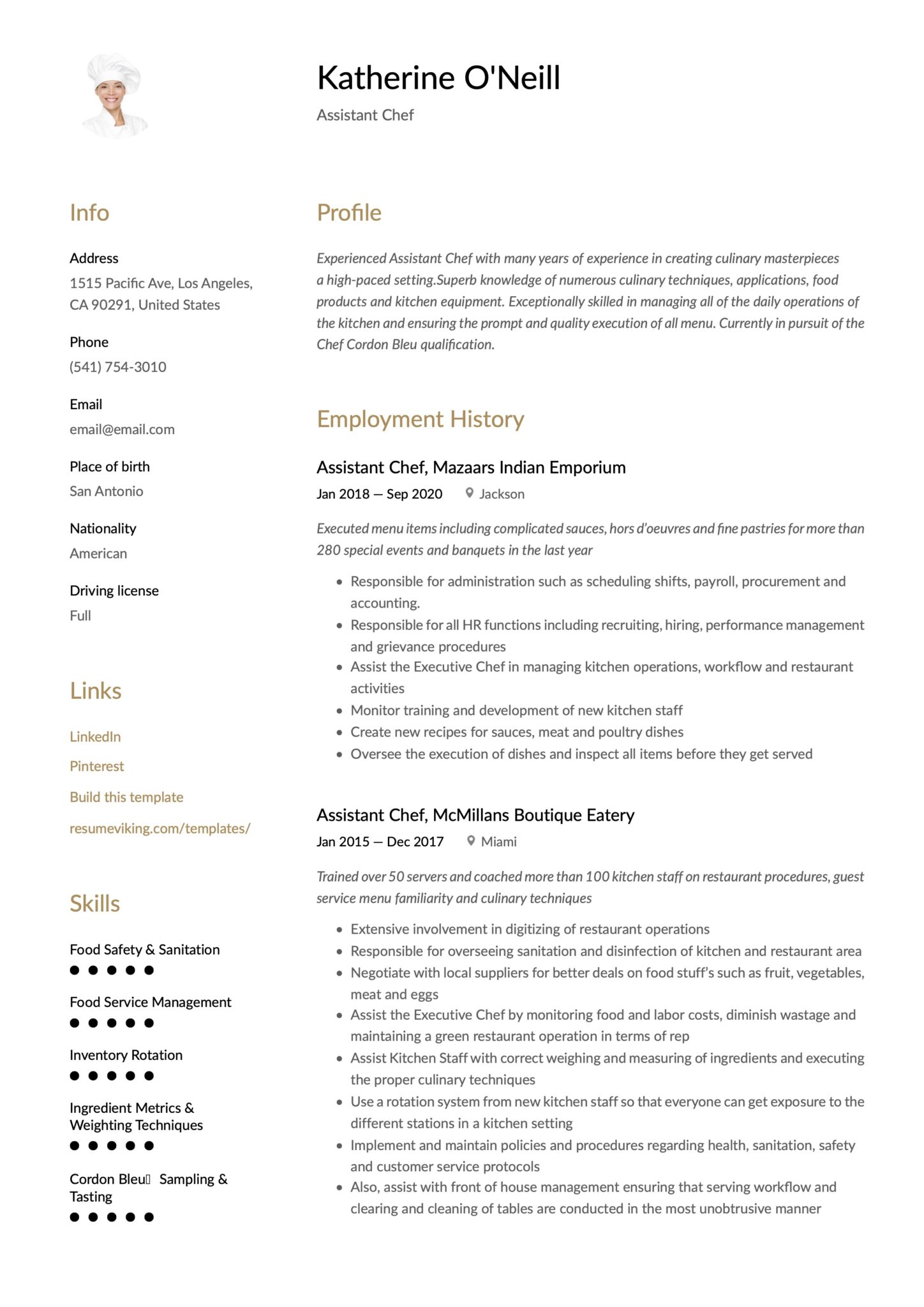 Simple Assistant Chef Resume Template