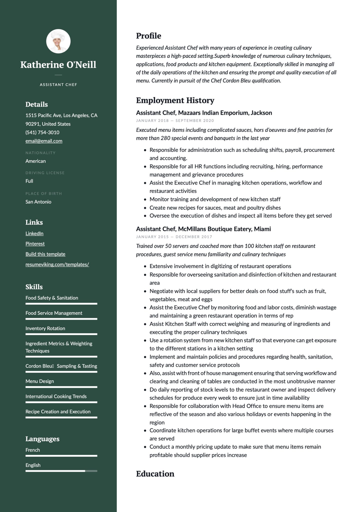 Professional Assistant Chef Resume Green Example