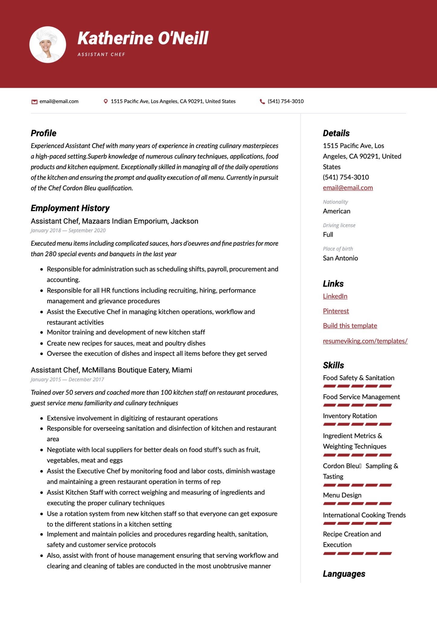 Modern Assistant Chef Resume Red Template