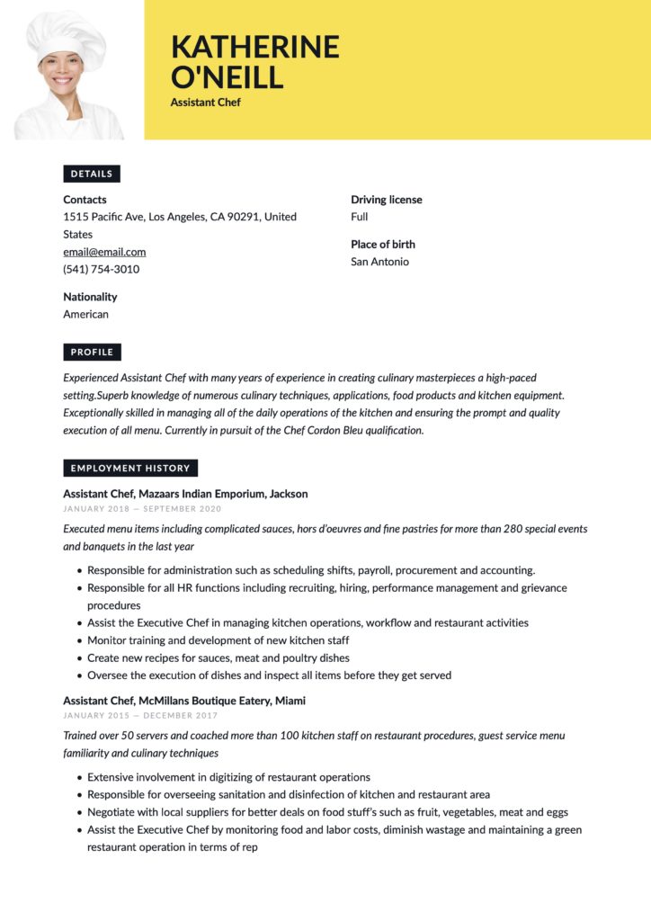 Assistant Chef Resume Yellow Template