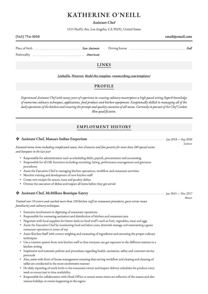 Assistant Chef Resume Example