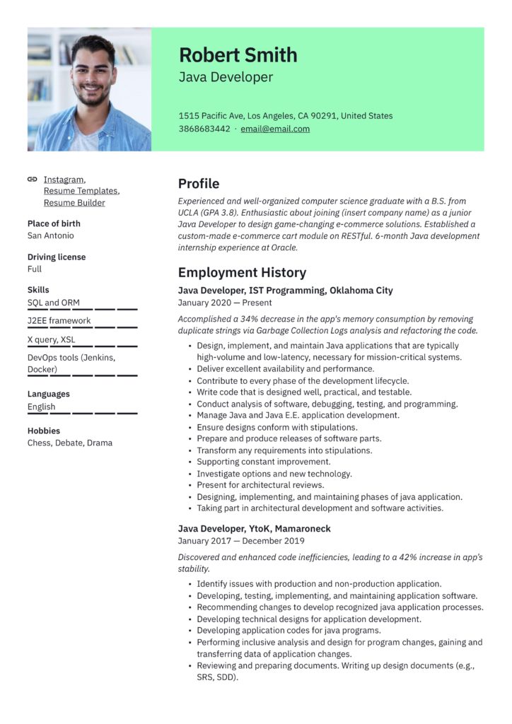 green Java developer resume