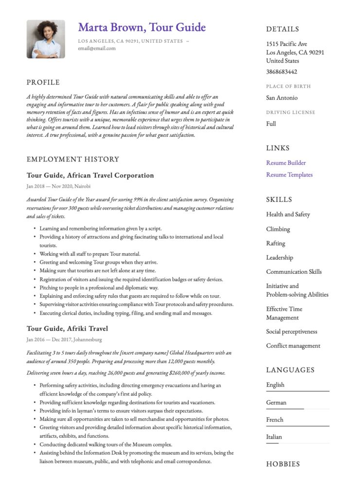 purple resume tour guide