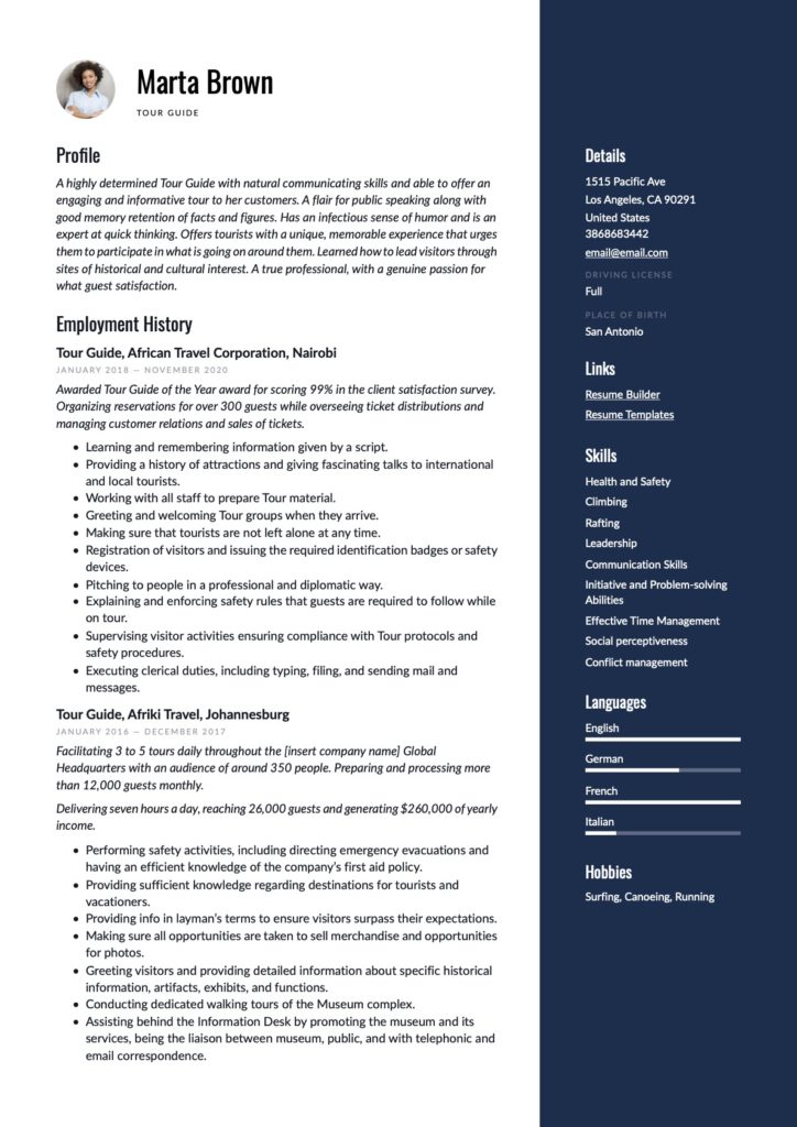blue resume example tour guide