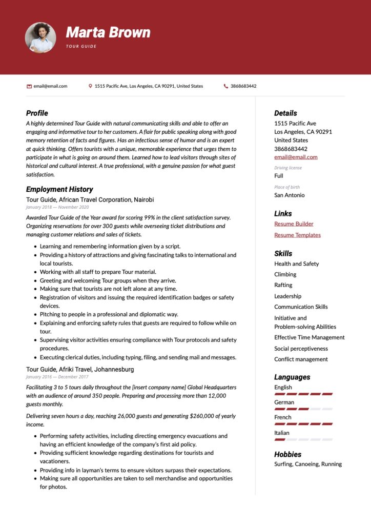 red resume example tour guide 
