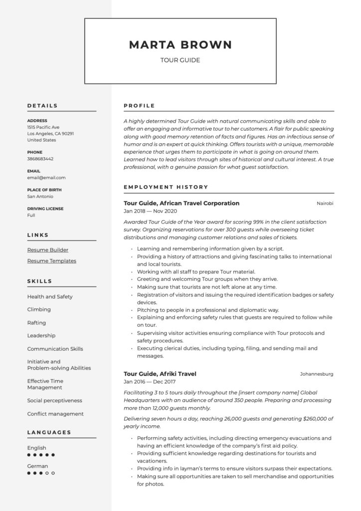 modern resume example tour guide