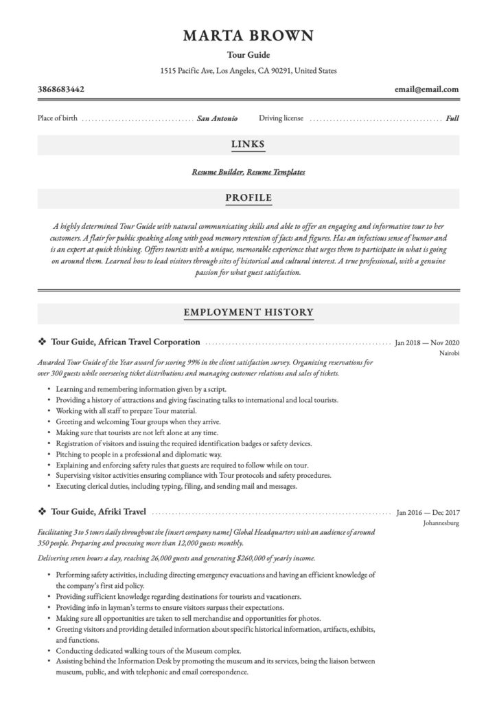 Classic modern resume example tour guide 