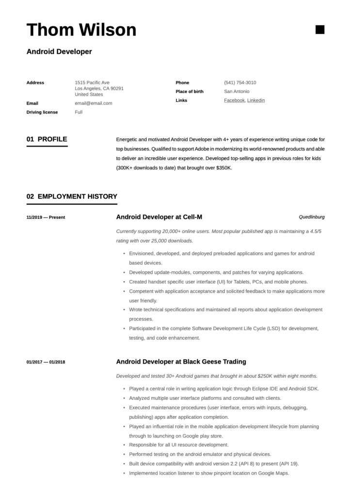 Android Developer Resume and CV