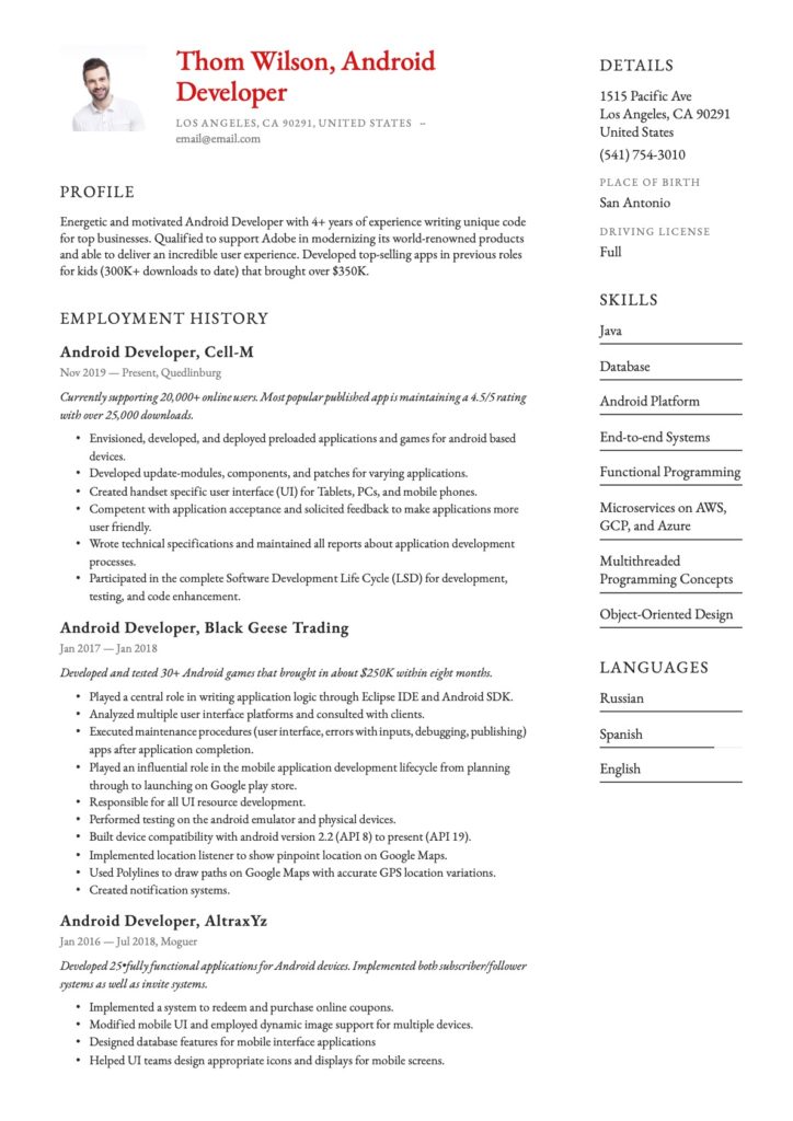 Android Developer Resume Template