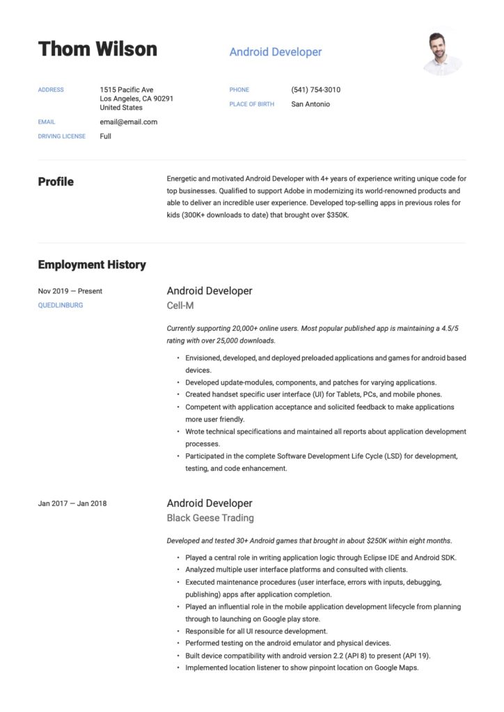 Android Developer Resume Template