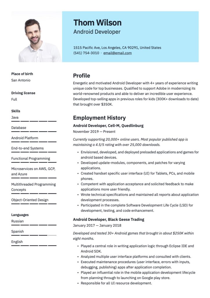 Blue Template Android Developer Resume
