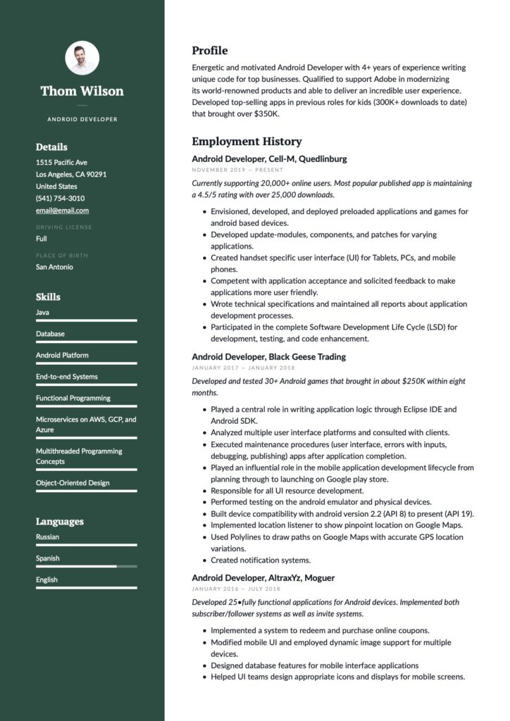 Green Template Android Developer Resume