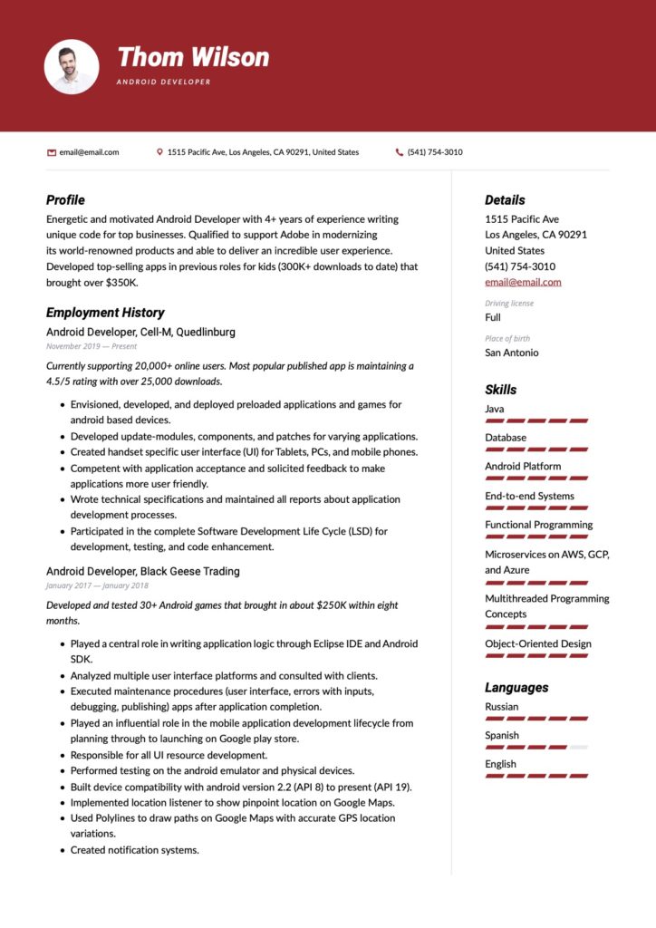 Android Developer Resume Red Example