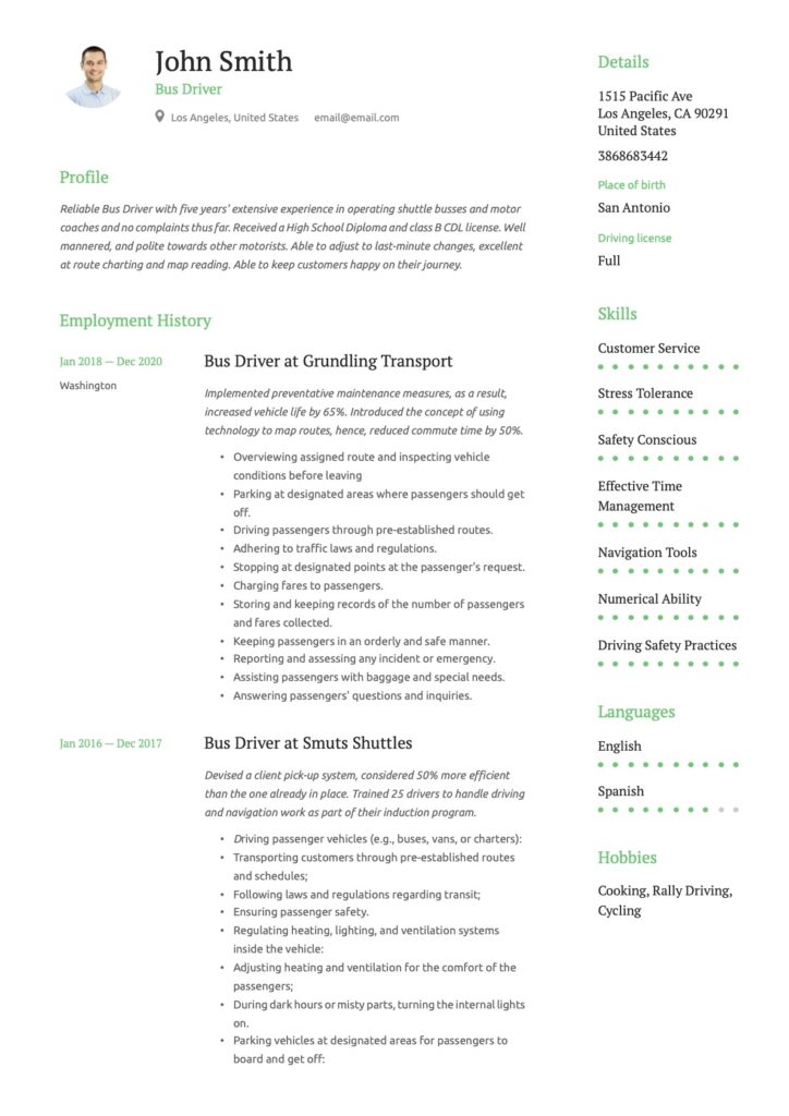 Bus Driver Resume Example Green