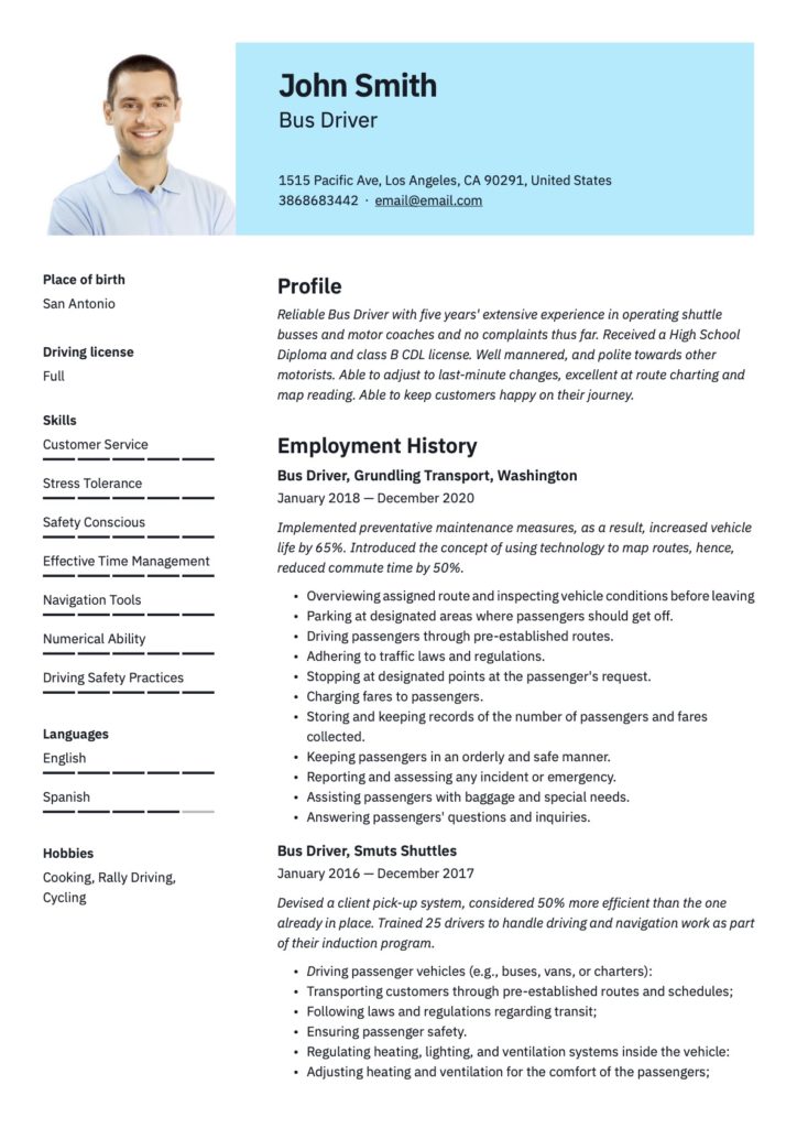 Blue Template Bus Driver Resume