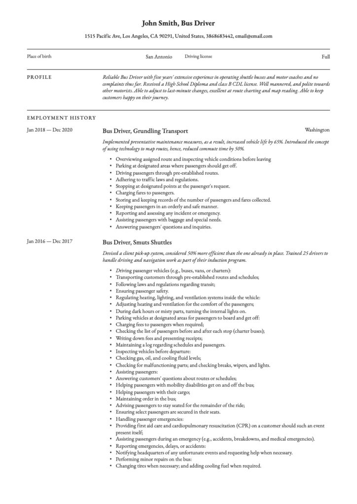 Classic Bus Driver Resume Example