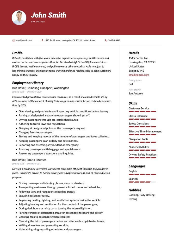 Red Template Bus Driver Resume