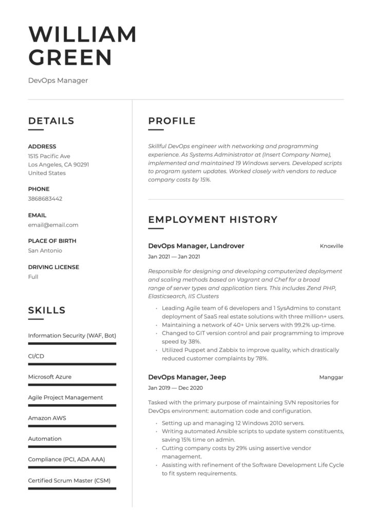 DevOps Manager Resume Example