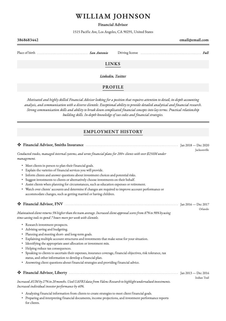 Example Resume Financial Advisor 