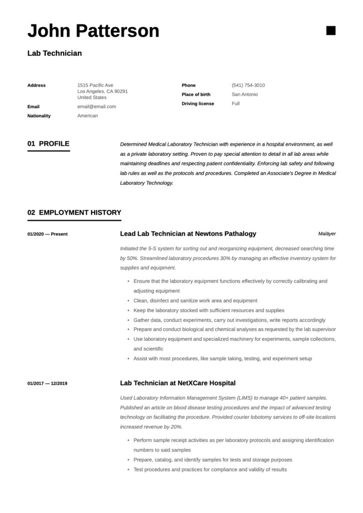 Lab Technician Resume Example