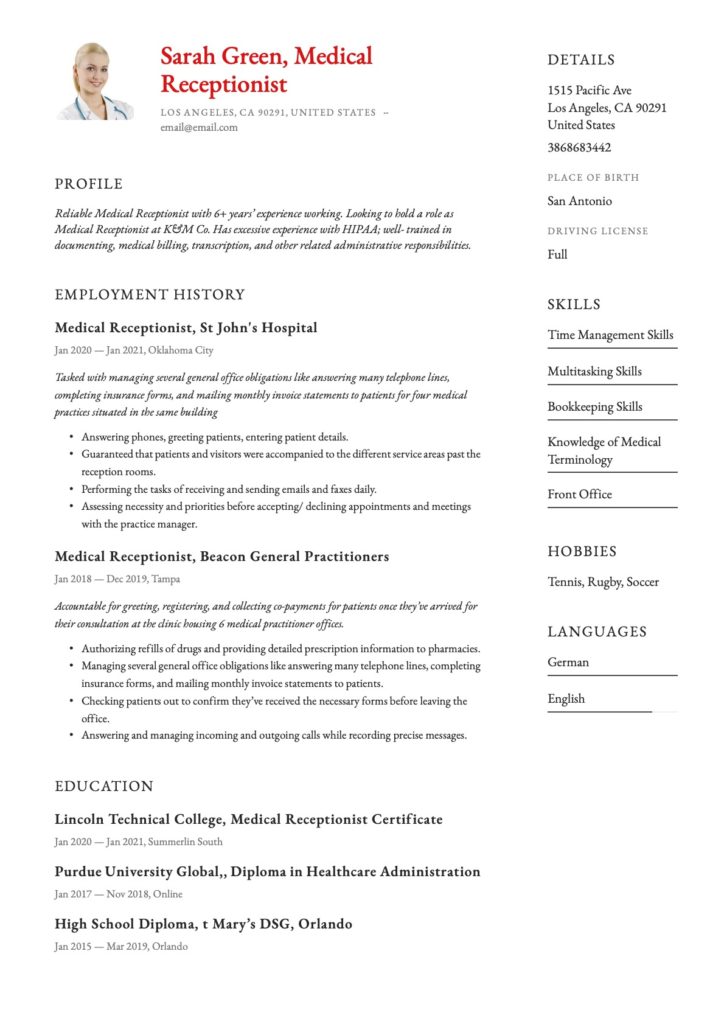 Medical Receptionist CV