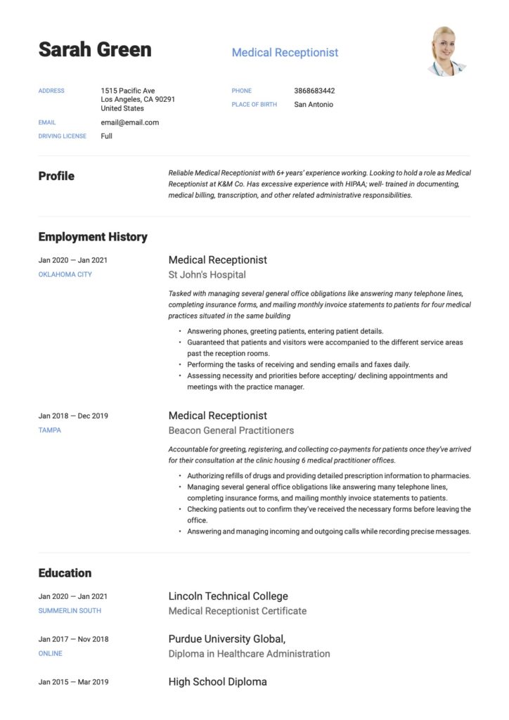 Medical Receptionist Resume Experienced