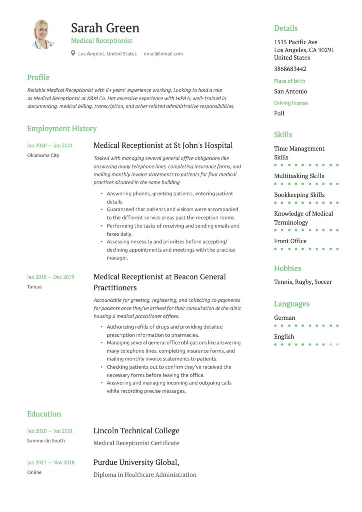 Front Office Medical Receptionist Resume 