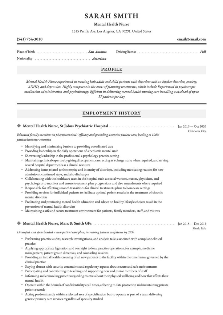 Psychiatric Mental Health Nurse Resume