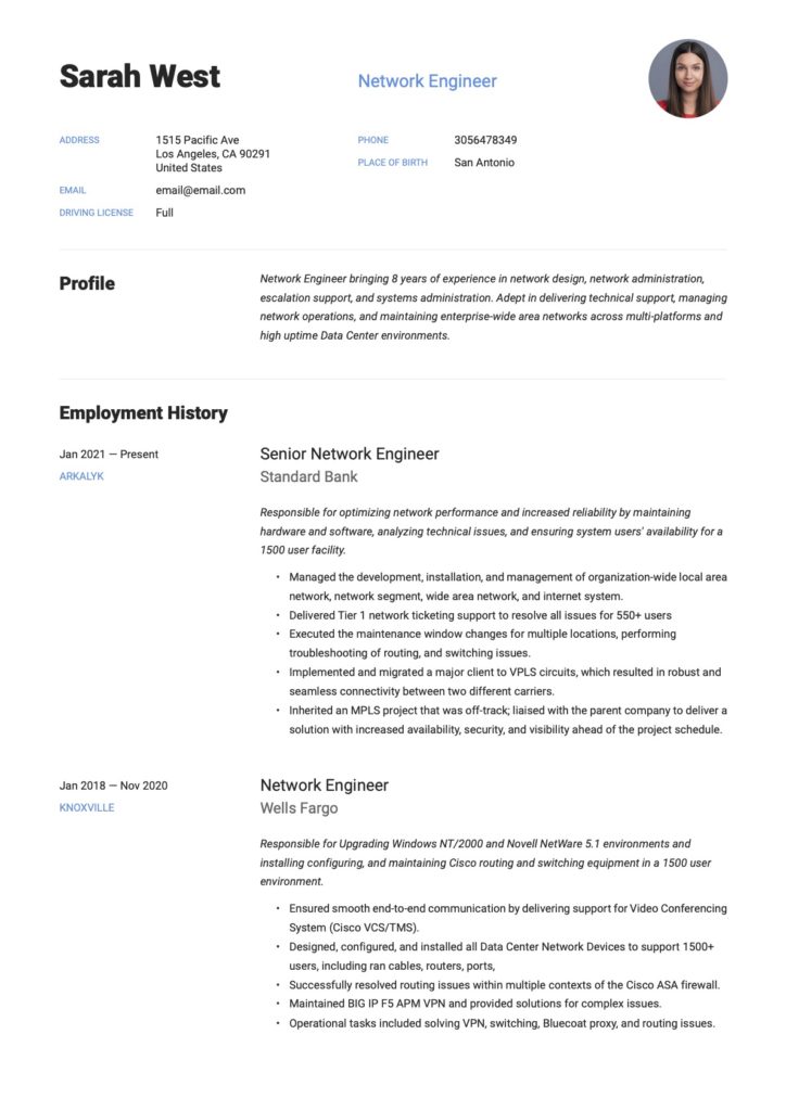 Network Engineer Example Resume