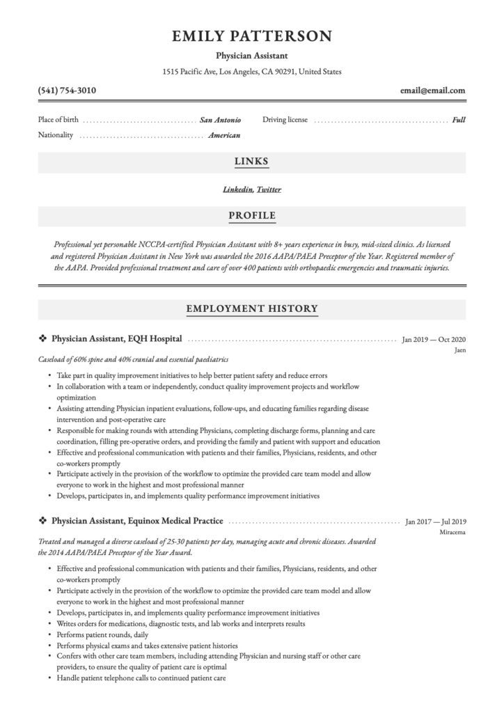 Physician Assistant Resume Example