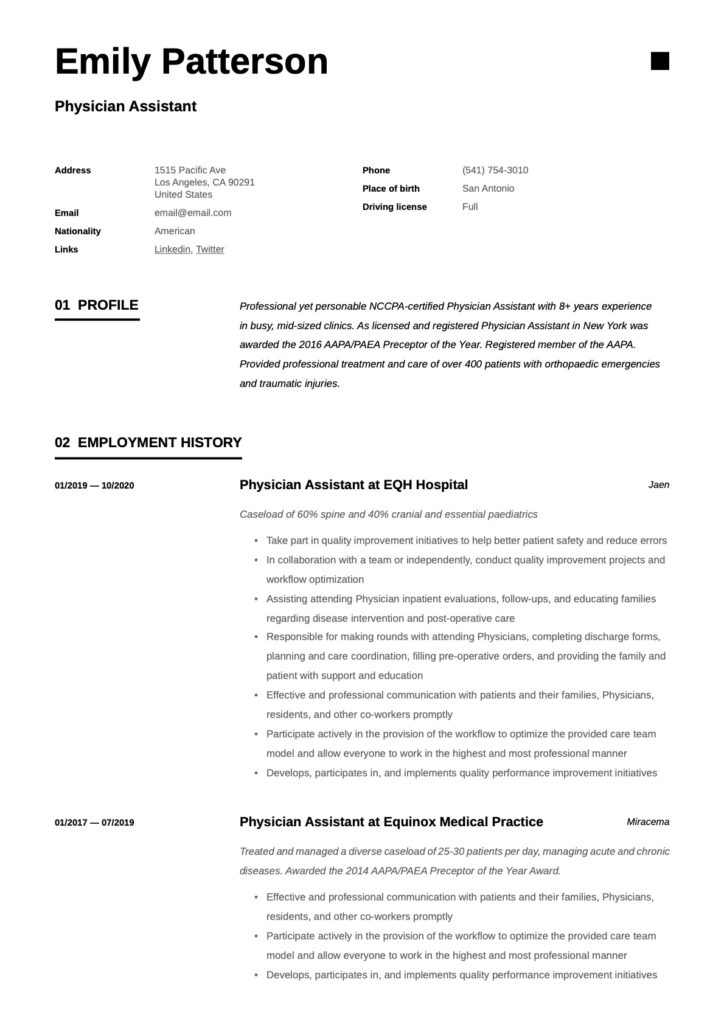 Physician Assistant Resume Classic
