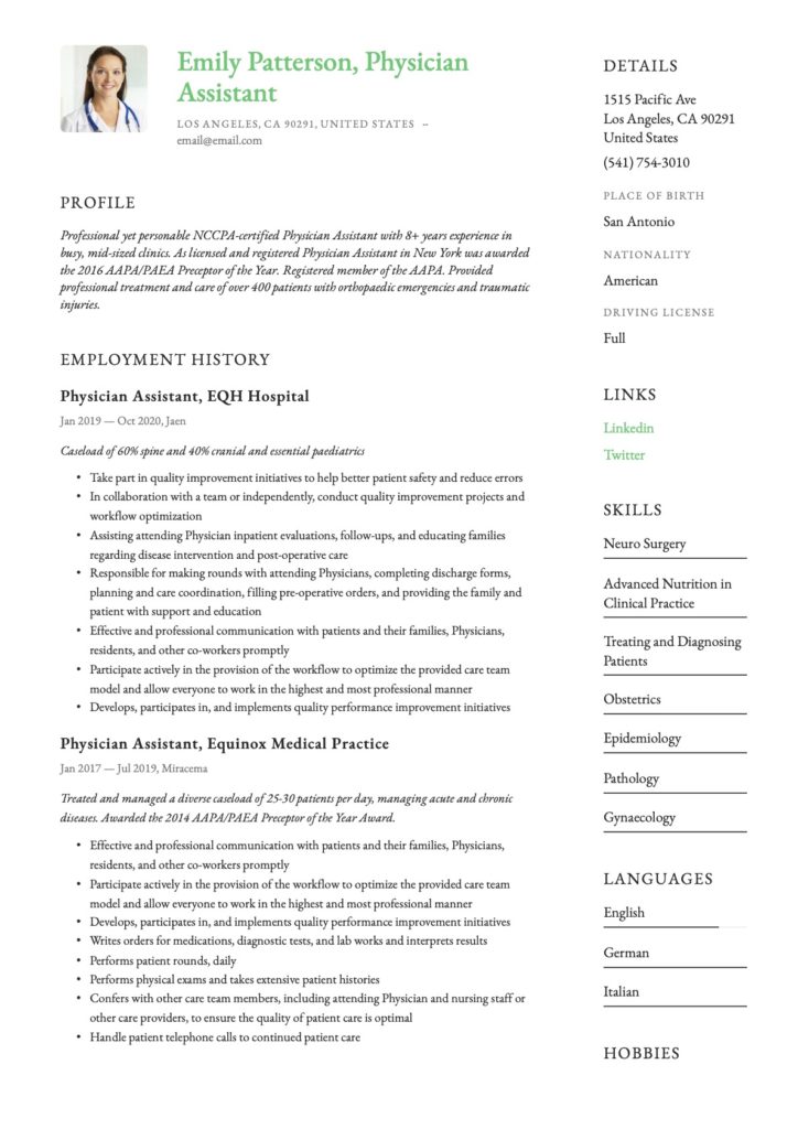 Physician Assistant Resume Green