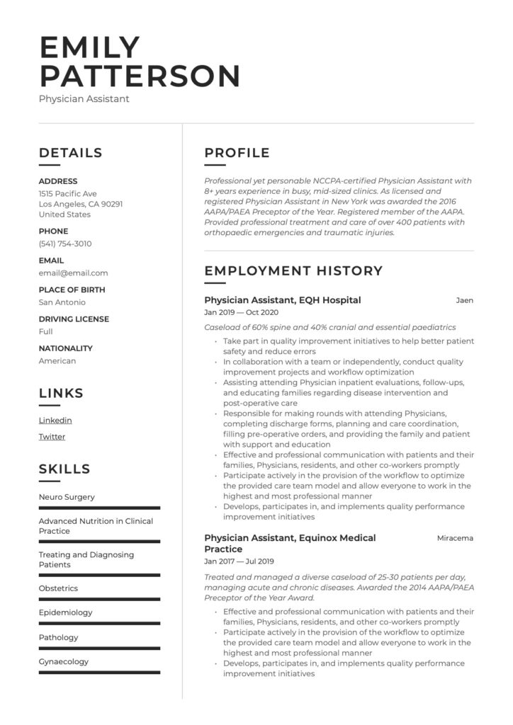 Physician Assistant Resume Classic