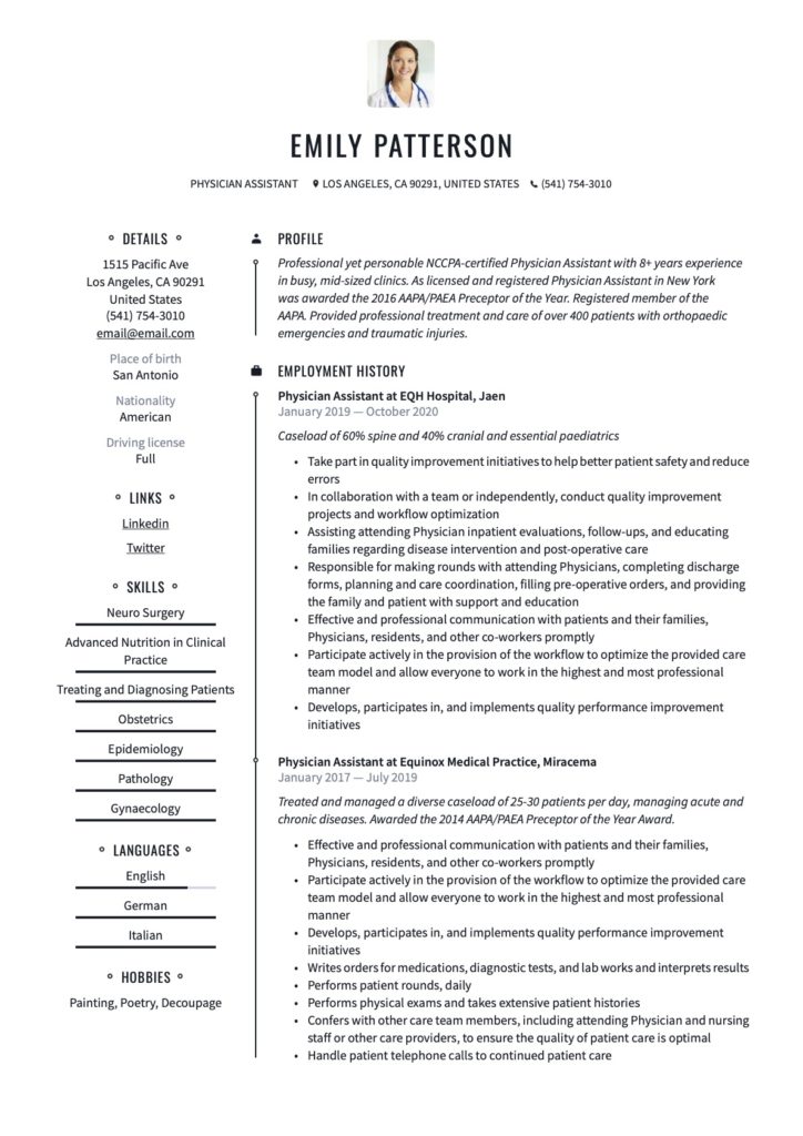 Physician Assistant Resume Modern