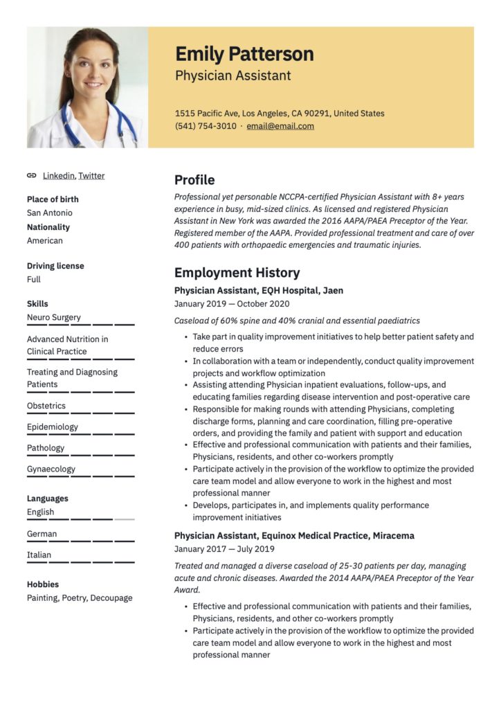 Physician Assistant Resume Yellow