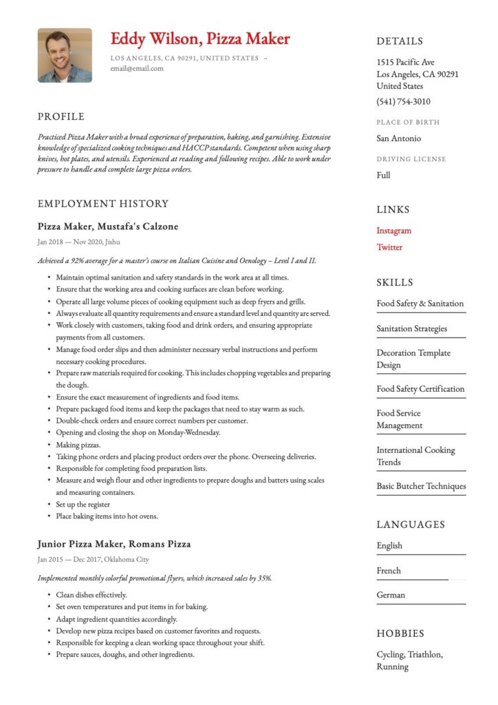 pizza Maker Resume Classic Example