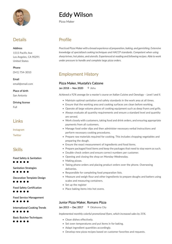pizza Maker Resume Example