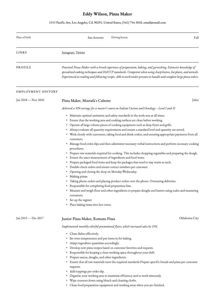 Pizza Maker Resume Example