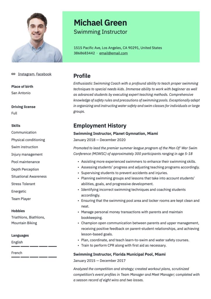 Swimming Instructor Resume Green