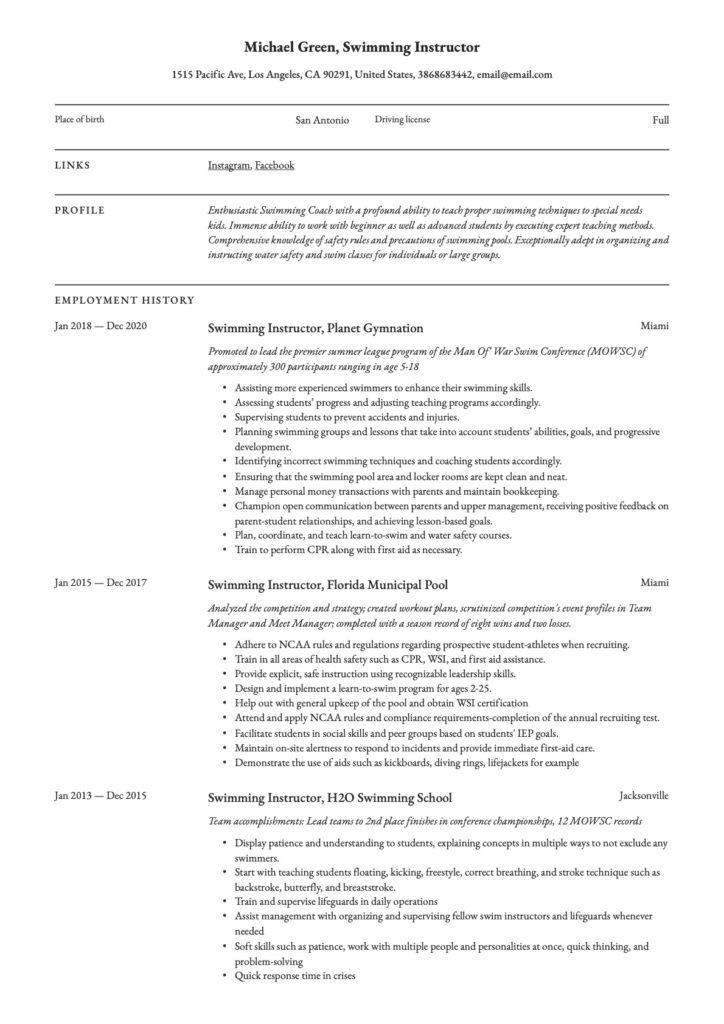Swimming Instructor Resume Classic