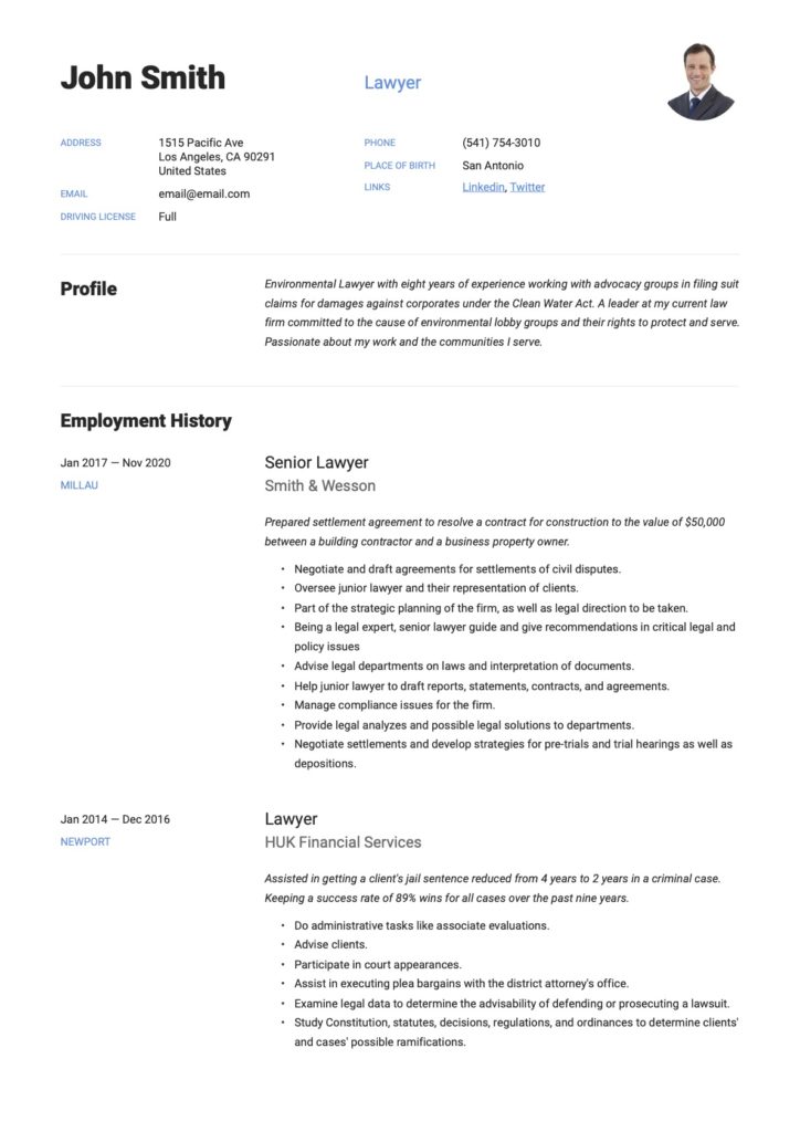 Lawyer Resume Example Blue