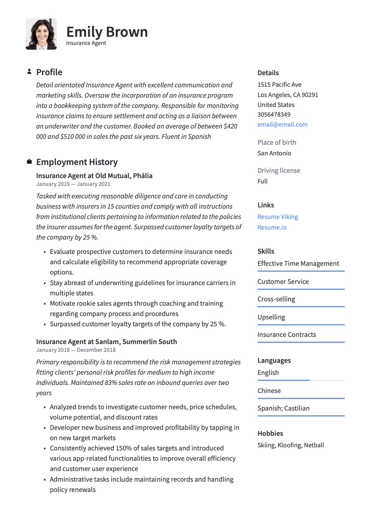 Example resume insurance agent