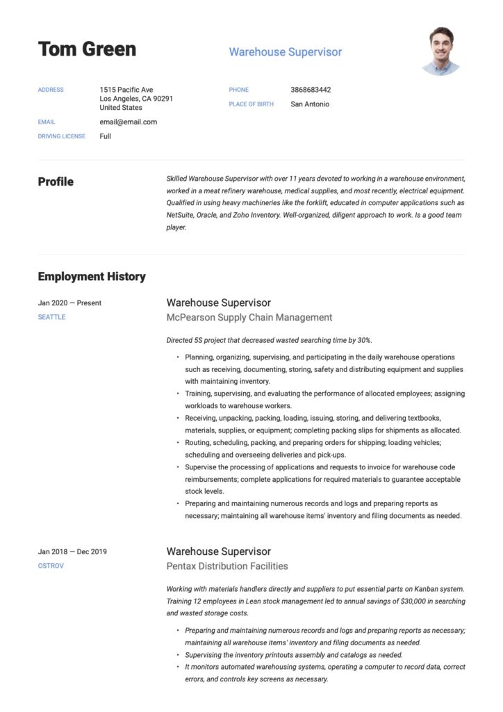 Example resume Warehouse supervisor