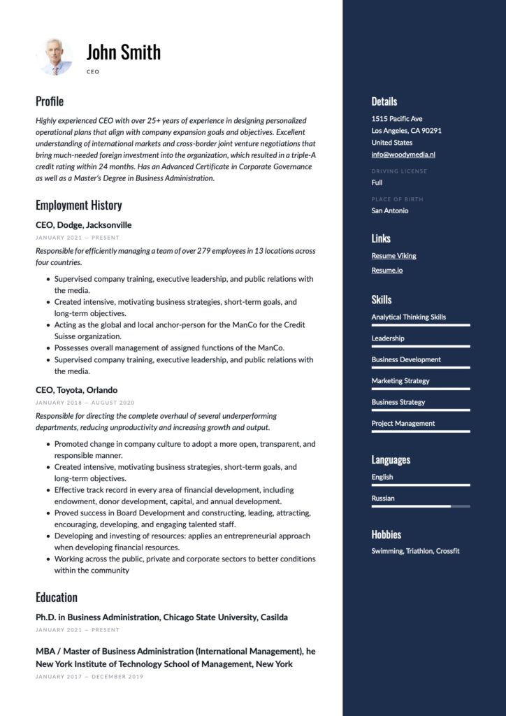 CEO Resume Blue Example