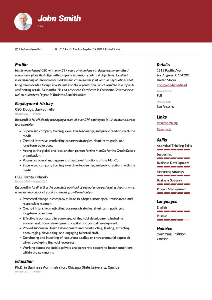 CEO Resume Red Example