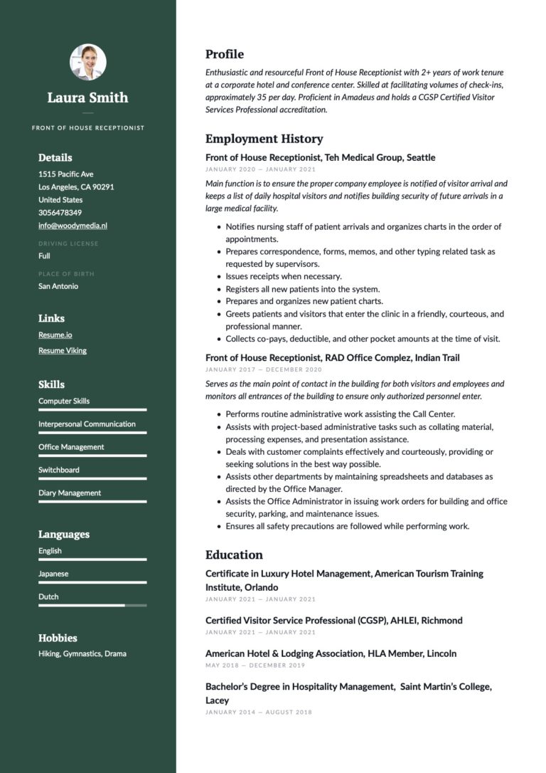 Example Resume Front of House Receptionist 6